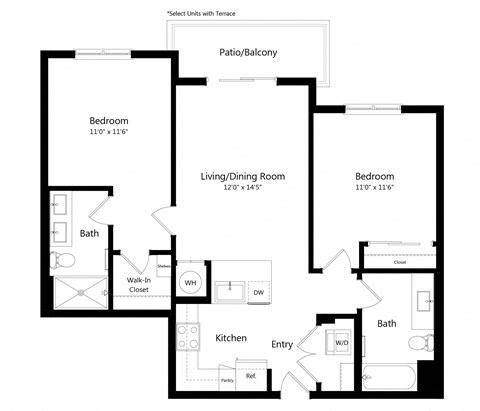 Floor plan for 2 beds, 2 baths, 940 sqft